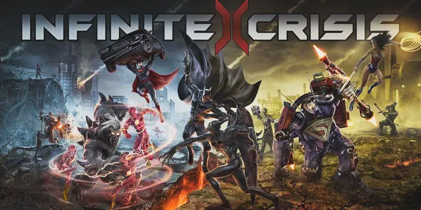 Uma promoção para o jogo Infinite Crisis da DC pergunta "Pelo que você luta?" enquanto heróis e vilões lutam.