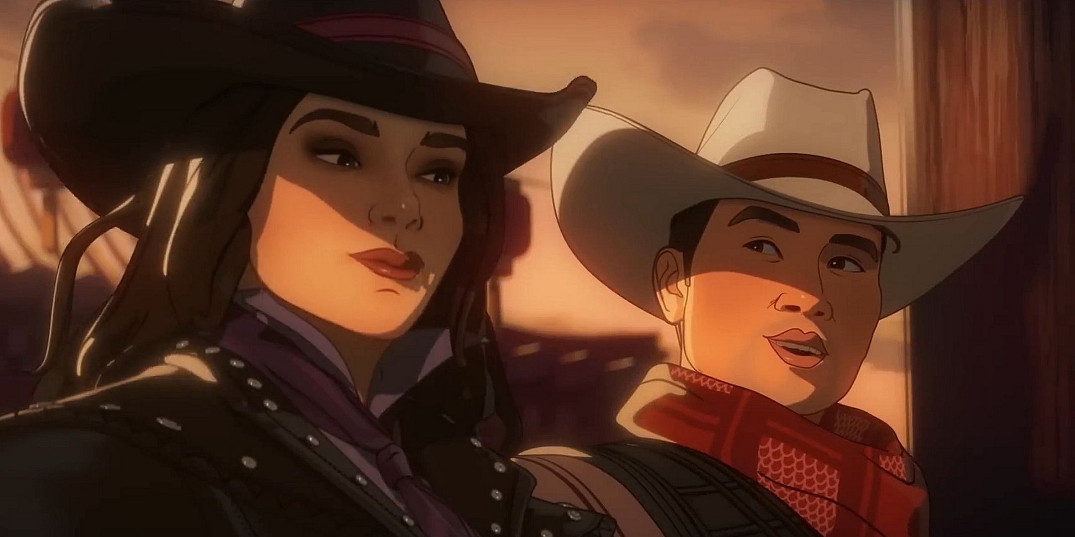 Cowboy Kate Bishop e Shang Chi conversando do lado de fora da série What If