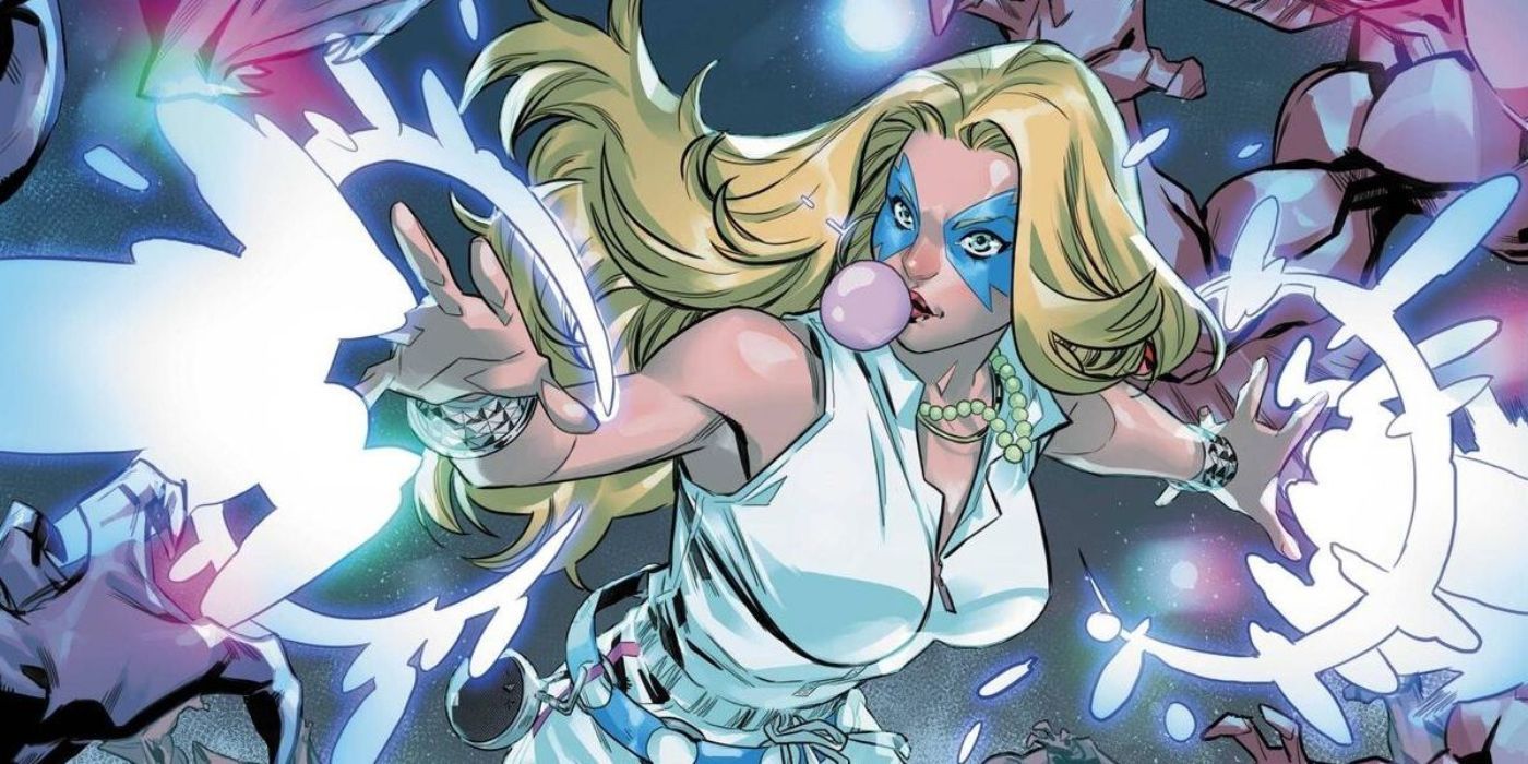 Dazzler do Xterminators da Marvel Comics está mascando chiclete enquanto usa seus poderes.