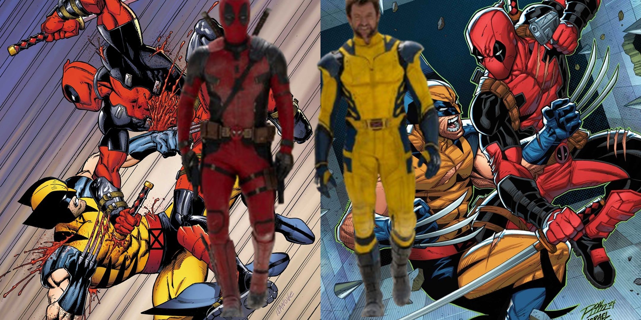 Wolverine and Deadpool walking in front of two covers