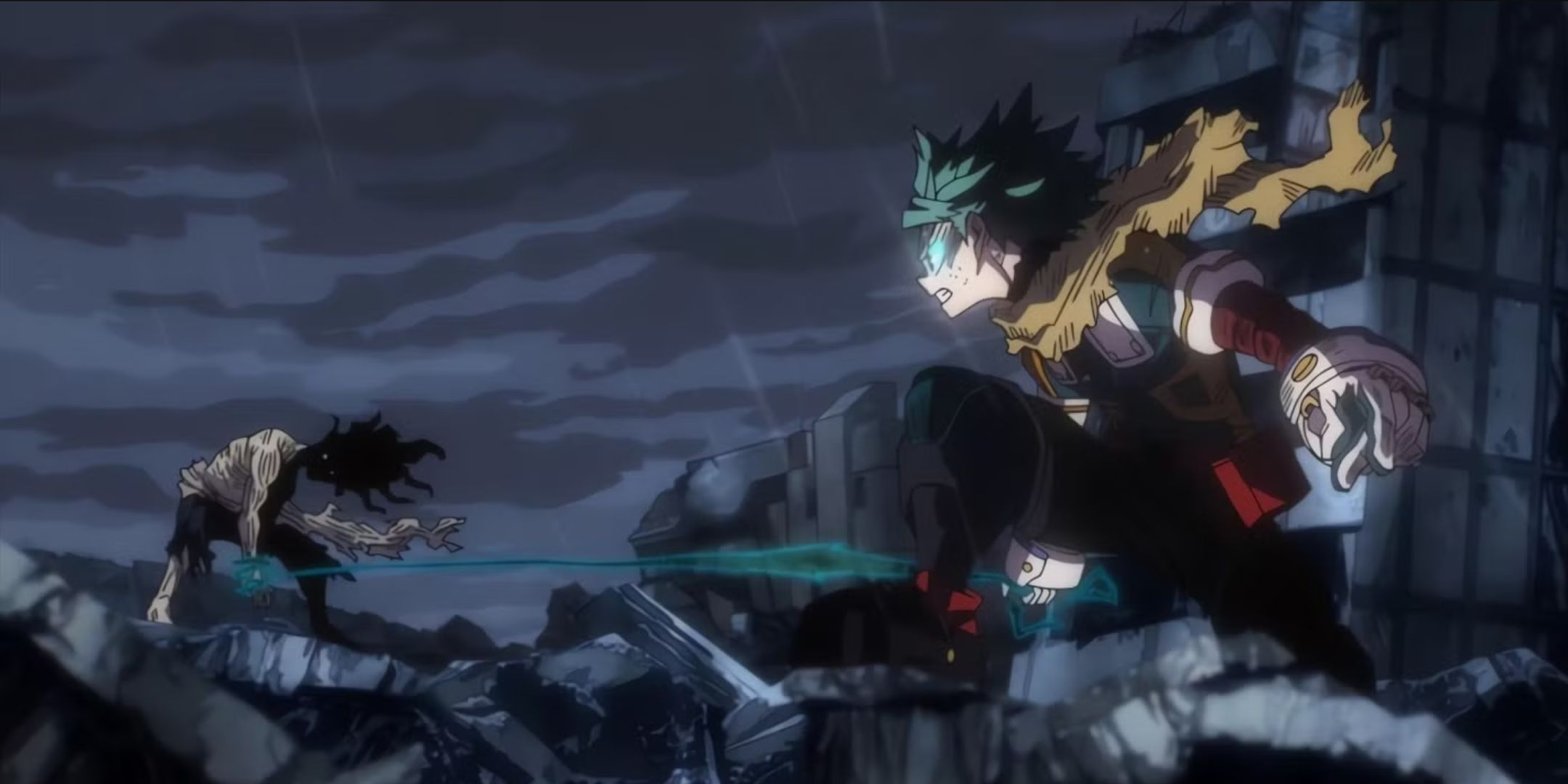 Deku se mantém em Shigaraki com Blackwhip no cenário de uma cidade arruinada e dizimada na 7ª temporada do MHA 7