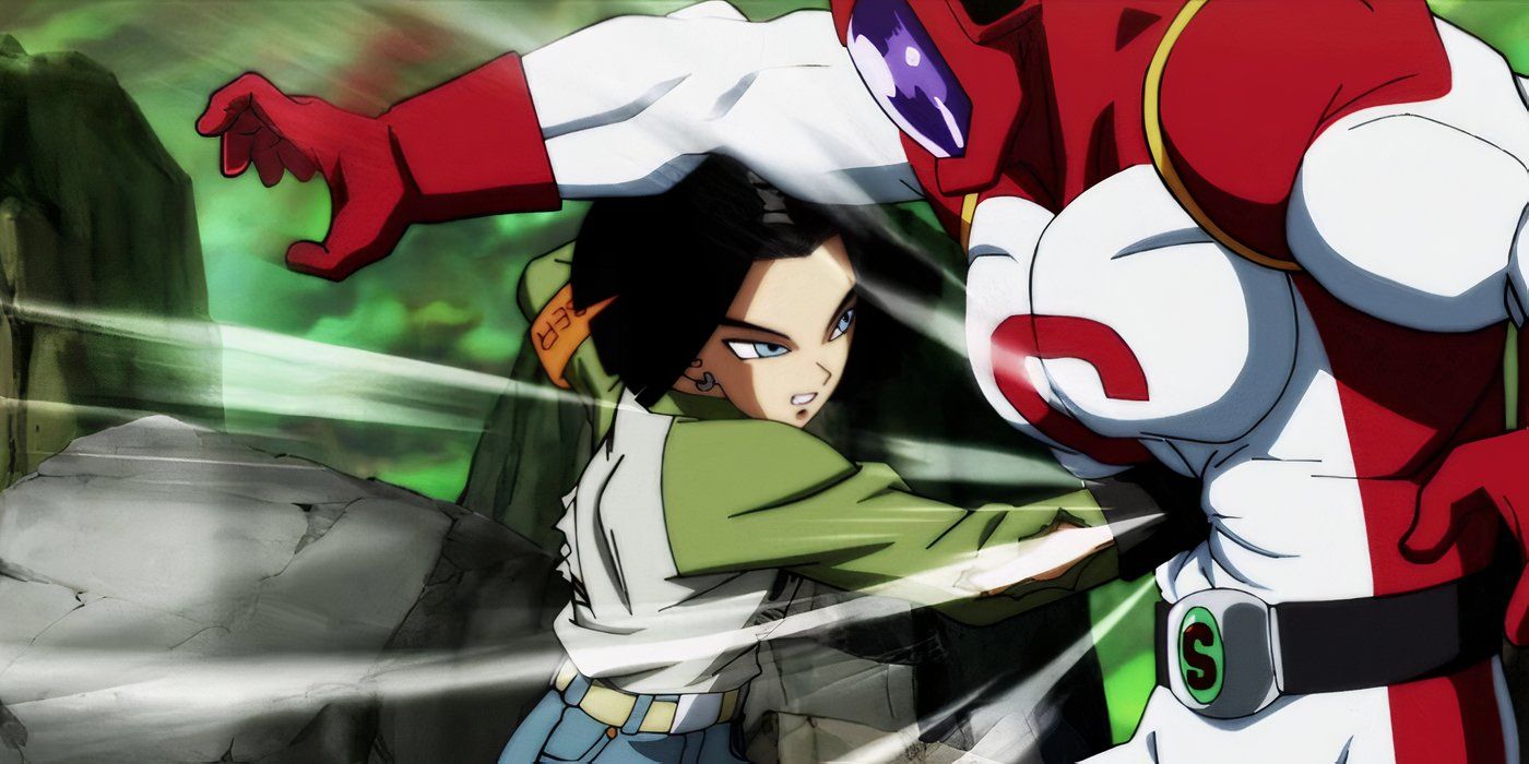 Android 17 punches Catopesra in the stomach in Dragon Ball Super.