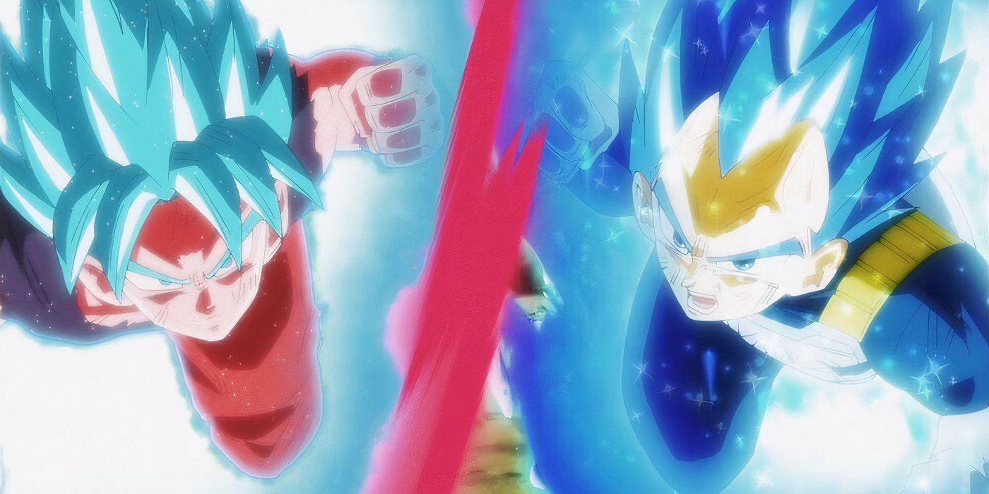 Super Saiyan Blue Kaio-Ken Goku e Super Saiyan Blue Evolved Vegeta atacam no Torneio de Poder de Dragon Ball Super.