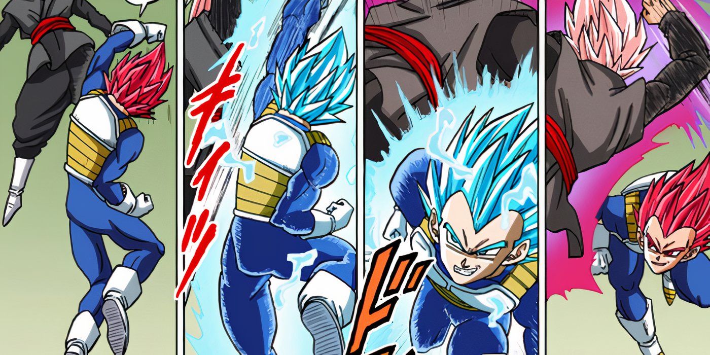 Vegeta usa a troca Super Saiyan God-to-Blue contra Goku Black no mangá Dragon Ball Super.