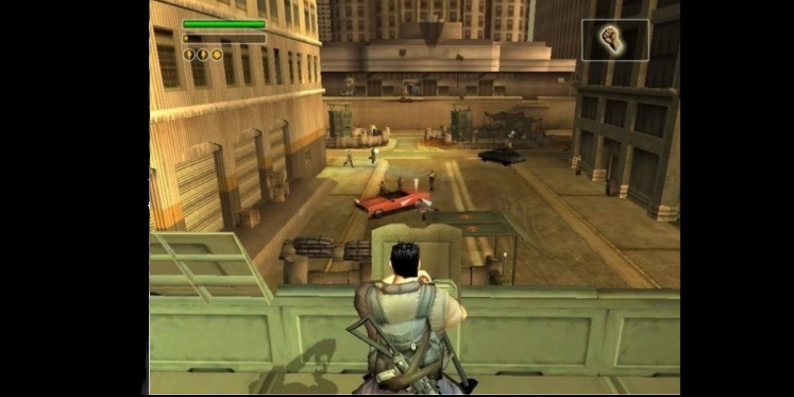 The protagonist of freedom fighters mowing down enemies from a gun enplacement