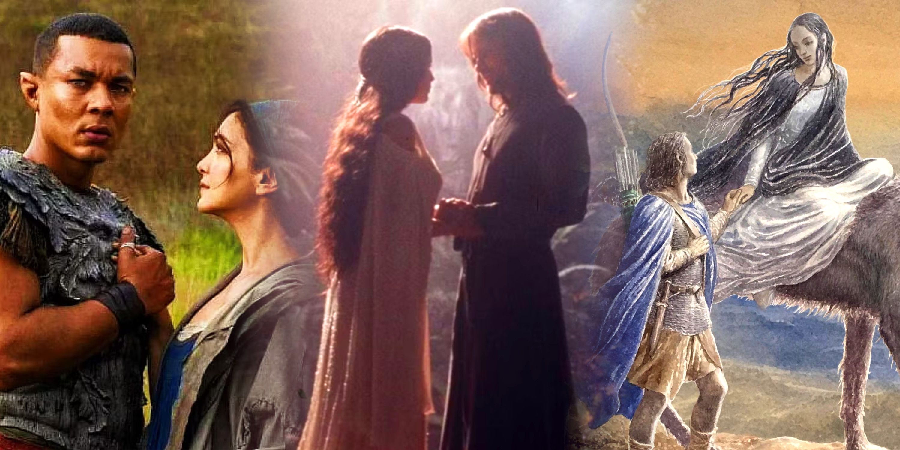 A collage of Arondir and Bronwyn, Aragorn and Arwen, and Beren and Luthien