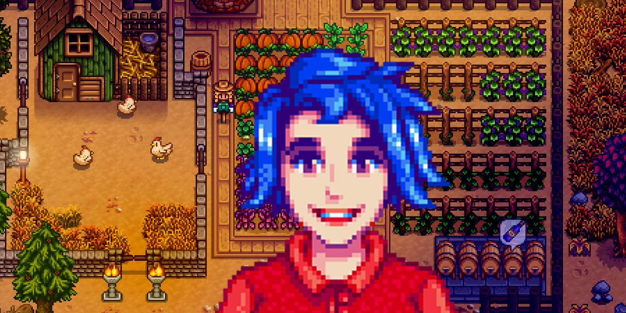 Emily na frente de uma fazenda em Stardew Valley