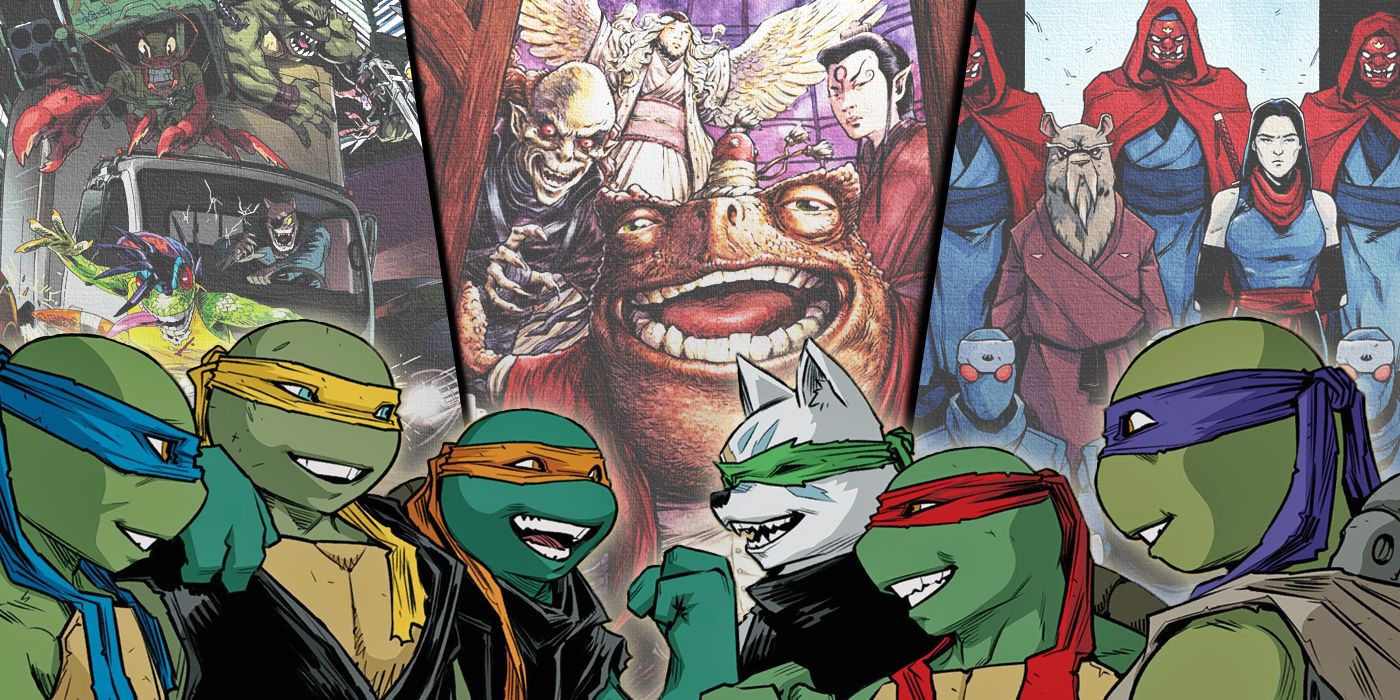 IDW's Splinter Clan with the Mutanimals, Pantheon and Foot Clan in the background from TMNT comics