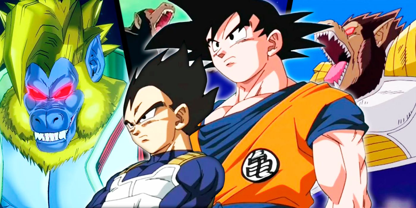 Gran Simio Goku, Gran Simio Planta y Bebé Gran Simio de GT al fondo con Vegeta y Goku