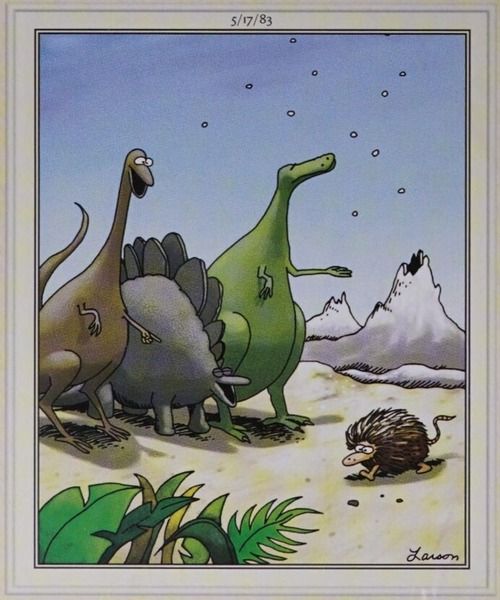 Os dinossauros provocam um mamífero peludo quando a neve começa a cair.