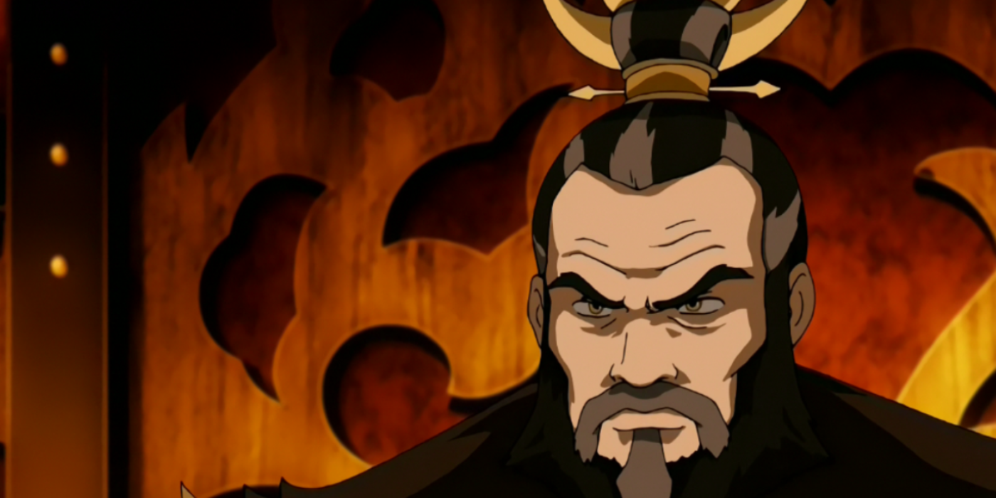 O Senhor do Fogo Sozin olha furioso enquanto está sentado em seu trono em Avatar: O Último Mestre do Ar.