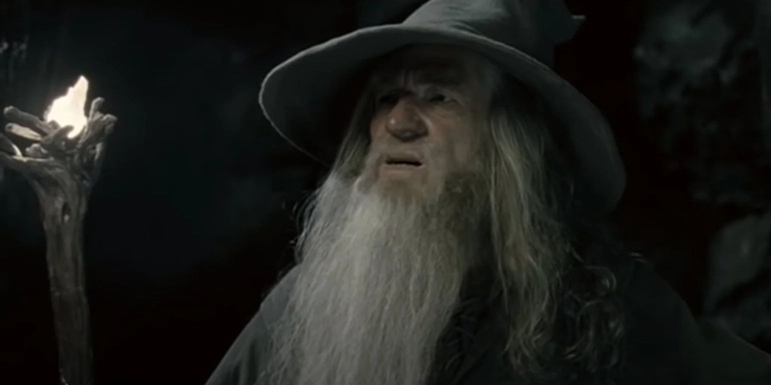 Gandalf looks confused in the Mines of Moria from Lord of the Rings: The Fellowship of the Ring