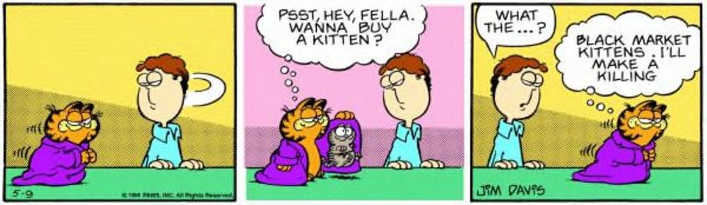 Garfield esconde Nermal em um sobretudo para pregar uma peça em Jon.