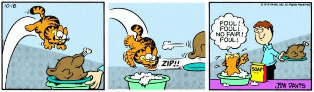 Jon engana Garfield para tomar banho usando um peru.