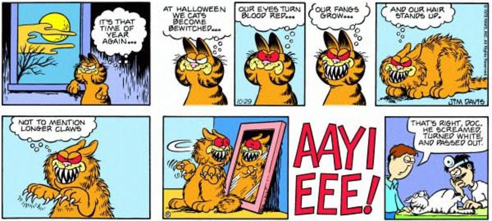 Garfield se torna monstruoso e se assusta no espelho.