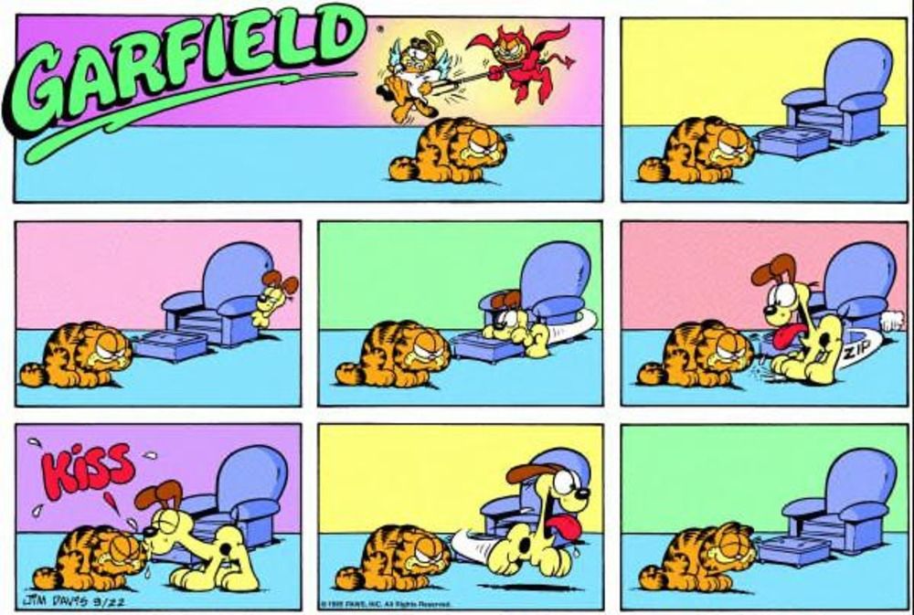 Garfield está na sala de mau humor.