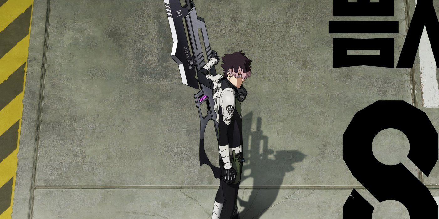 Gen Narumi standing with his specialized weapon of Kaiju no. 8. 