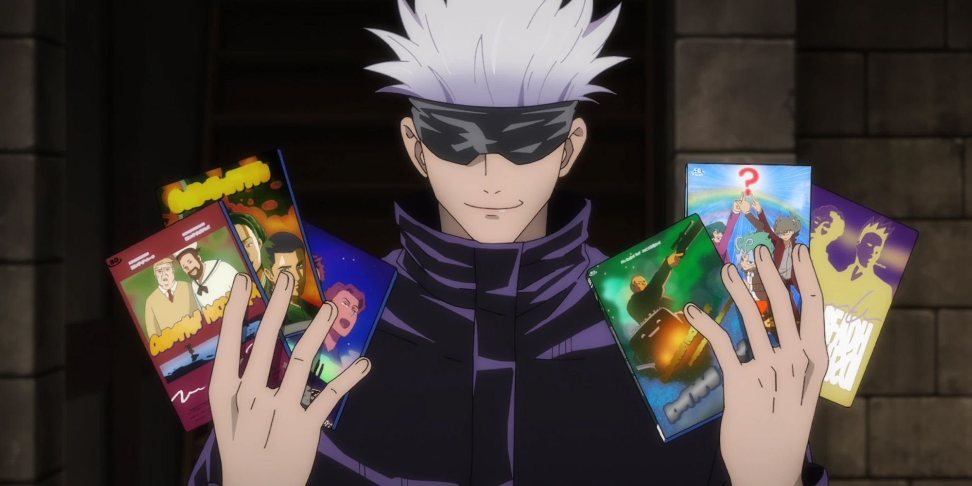 Gojo holding DVDs for Yuji to monitor the training