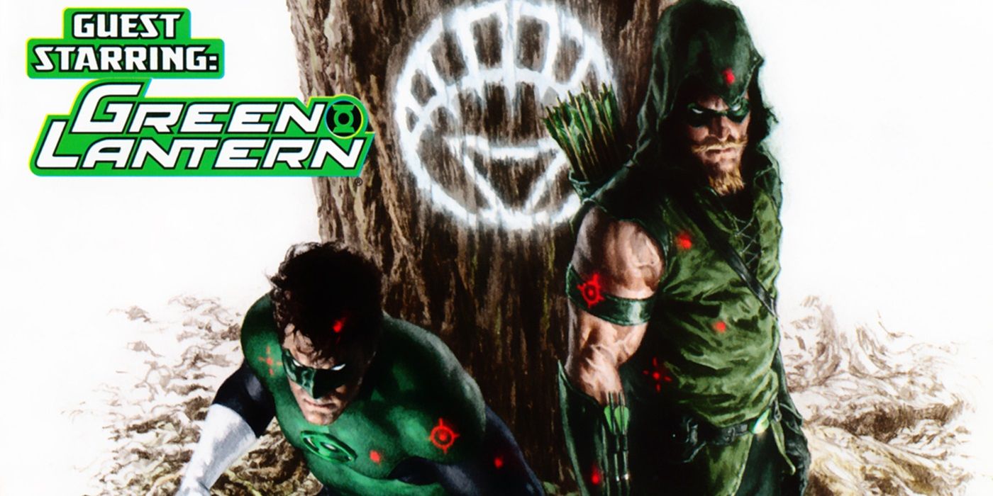 Green Arrow Vol 4 #2 showing Hal Jordan and Oliver Queen standing together, covered in sniper red dots.