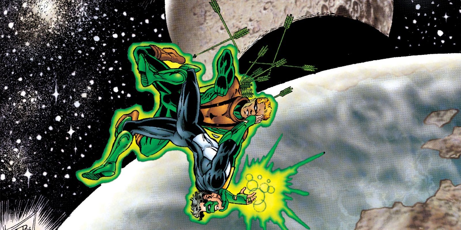 Green Lantern Vol 3 77 Cover showing Connor Hawke and Kyle Rayner fighting in space.