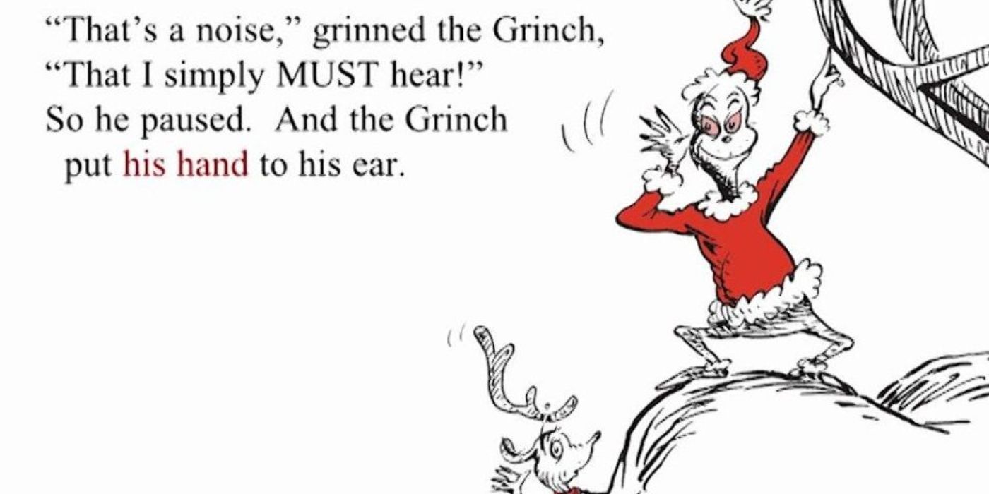 O Grinch e seu cachorro, Max, estão ouvindo um barulho distante no livro O Grinch Roubou o Natal.