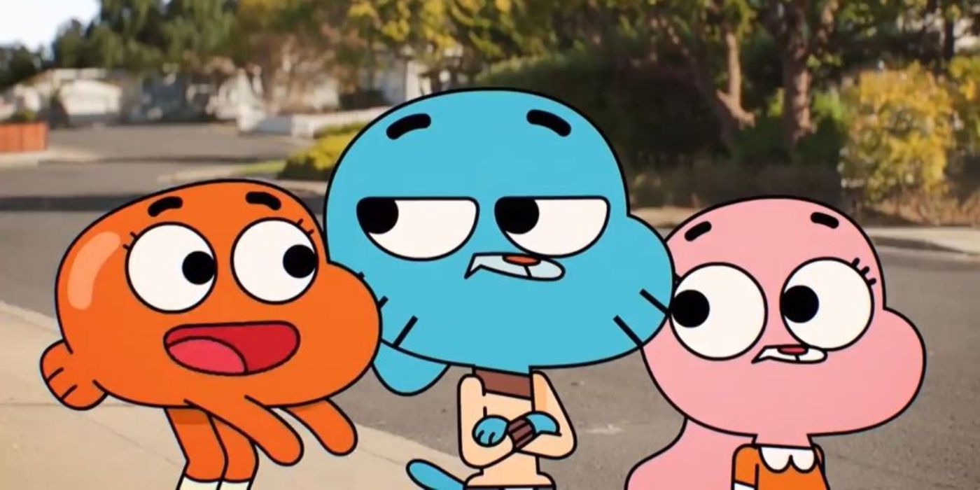 Gumball, Darwin e Anais conversando em O Incrível Mundo de Gumball.