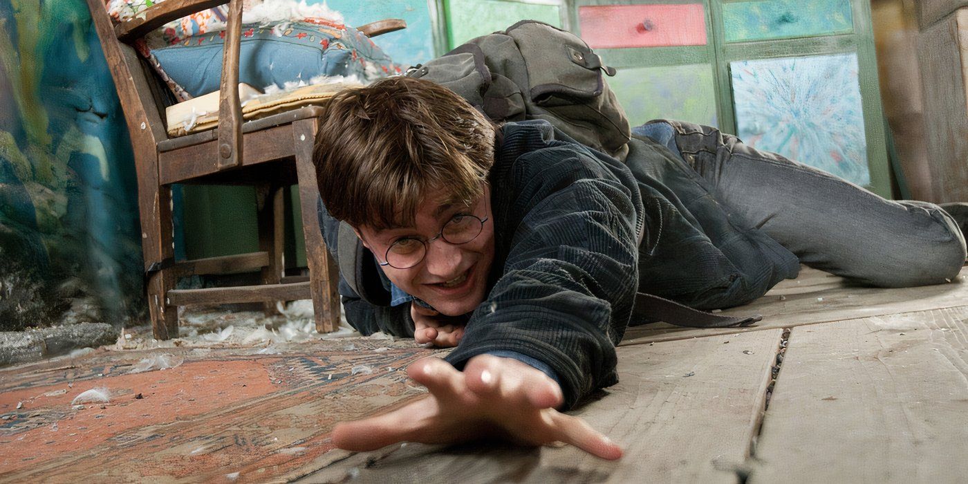 Harry Potter is knocked down by Nagini after using the Confringo spell on the snake in Harry Potter.