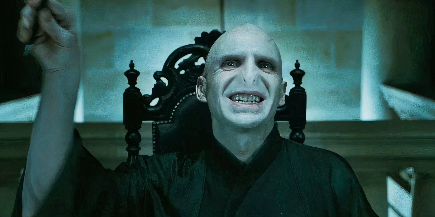 Lord Voldemort kills an innocent during a meeting with his followers in Harry Potter and the Deathly Hallows.