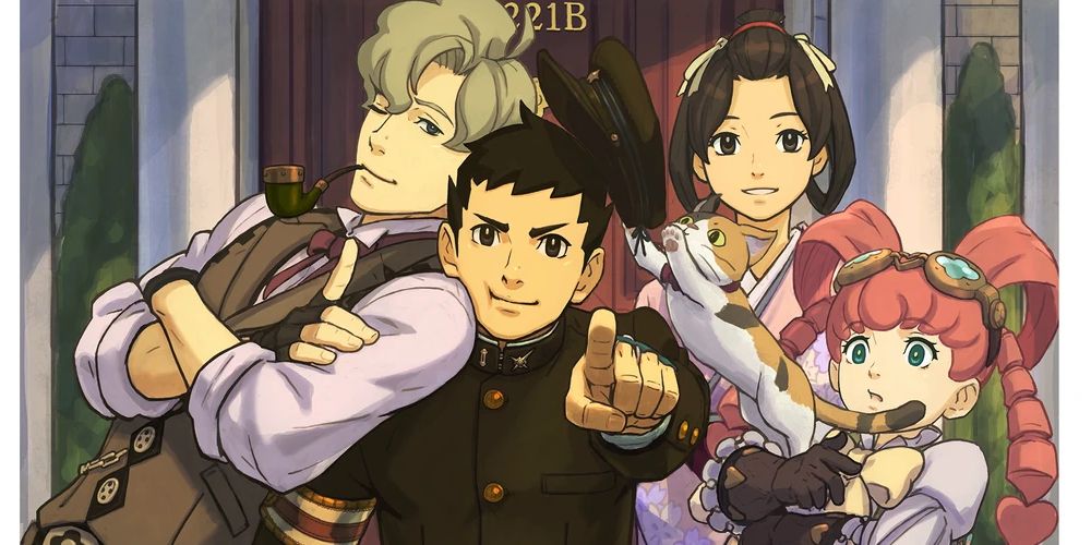 Herlock Sholmes, Ryunosuke Naruhodo, Wagahai el gato, Susato Mikotoba y Iris Wilson toman una fotografía frente a 221 Baker Street en The Great Ace Attorney: Adventures.