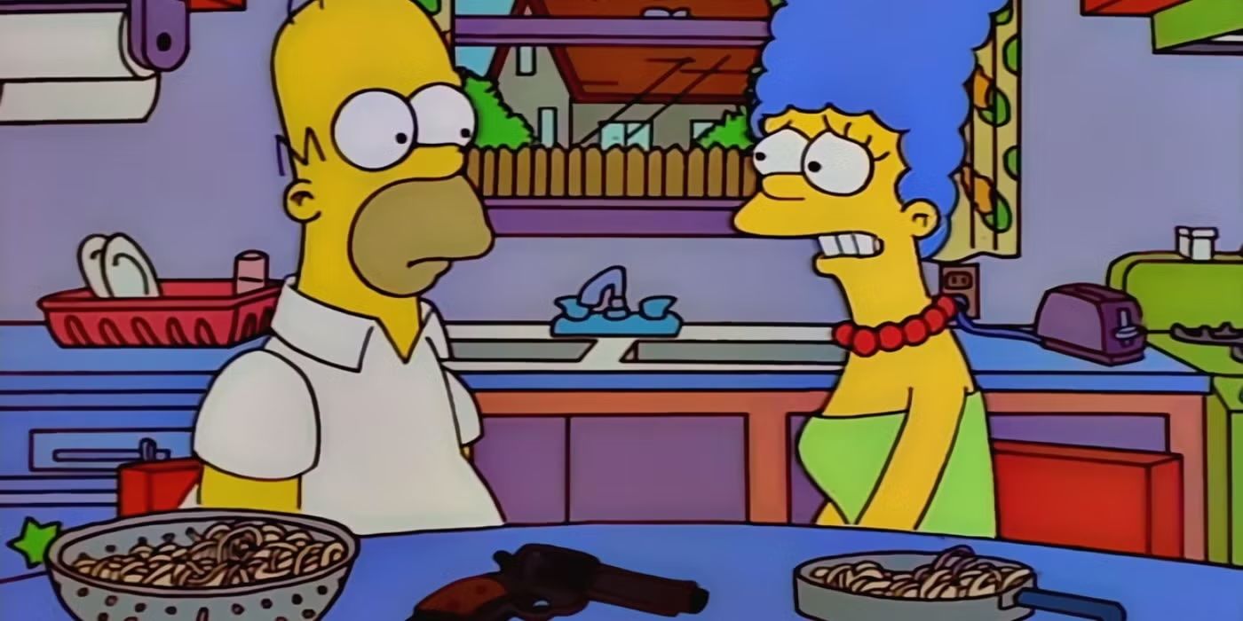 Homer e Marge sentados à mesa ao lado de uma arma