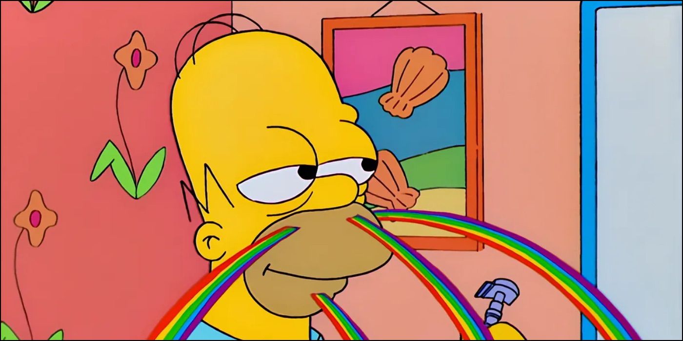 Homer Simpson chapado com arco-íris saindo do nariz