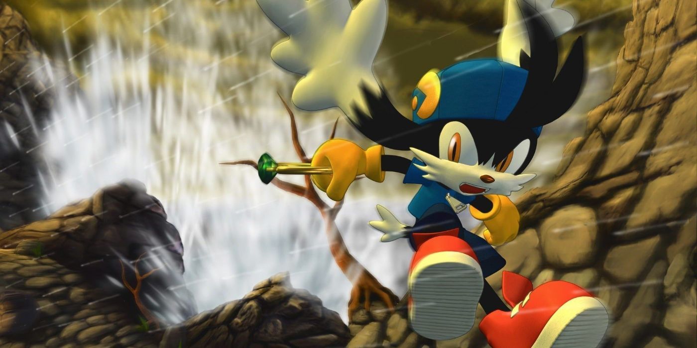 Klonoa está saltando para frente enquanto segura um cajado em Klonoa 2: Lunatea's Veil.