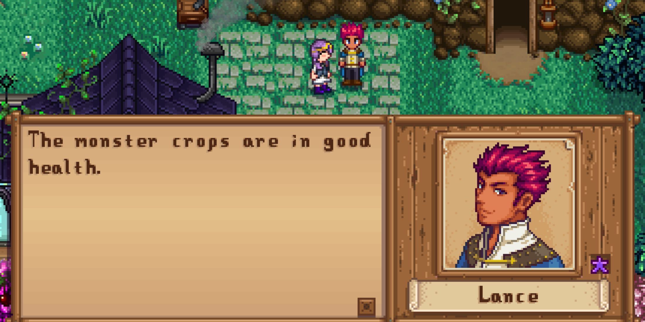 Lance fala com o fazendeiro em Stardew Valley Expanded.