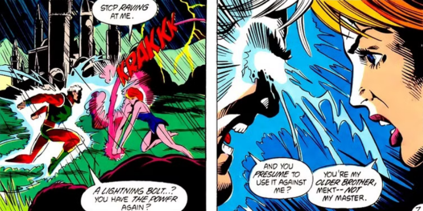 Lightning Lass está derrotando seu irmão, Lightning Lord, na DC Comics.