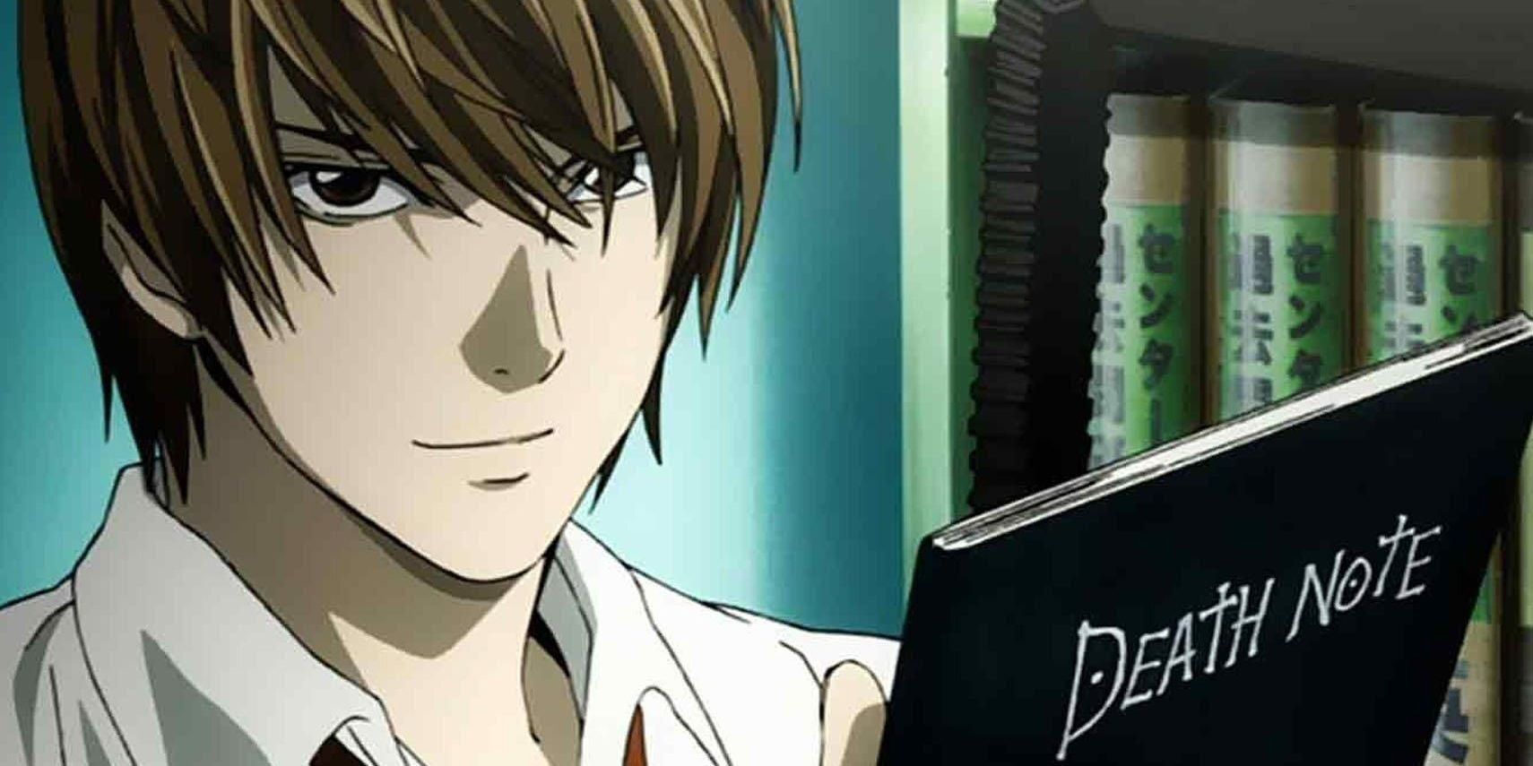 Light Yagami smiles while he holds the note of death while speaking to Ryuk in Death Note.