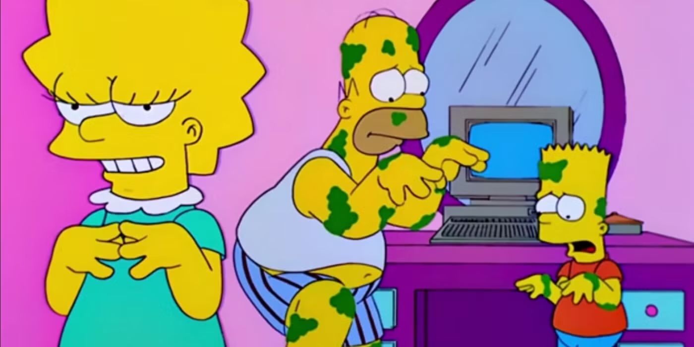 Lisa sorrindo enquanto Homer e Bart estão cobertos de manchas verdes