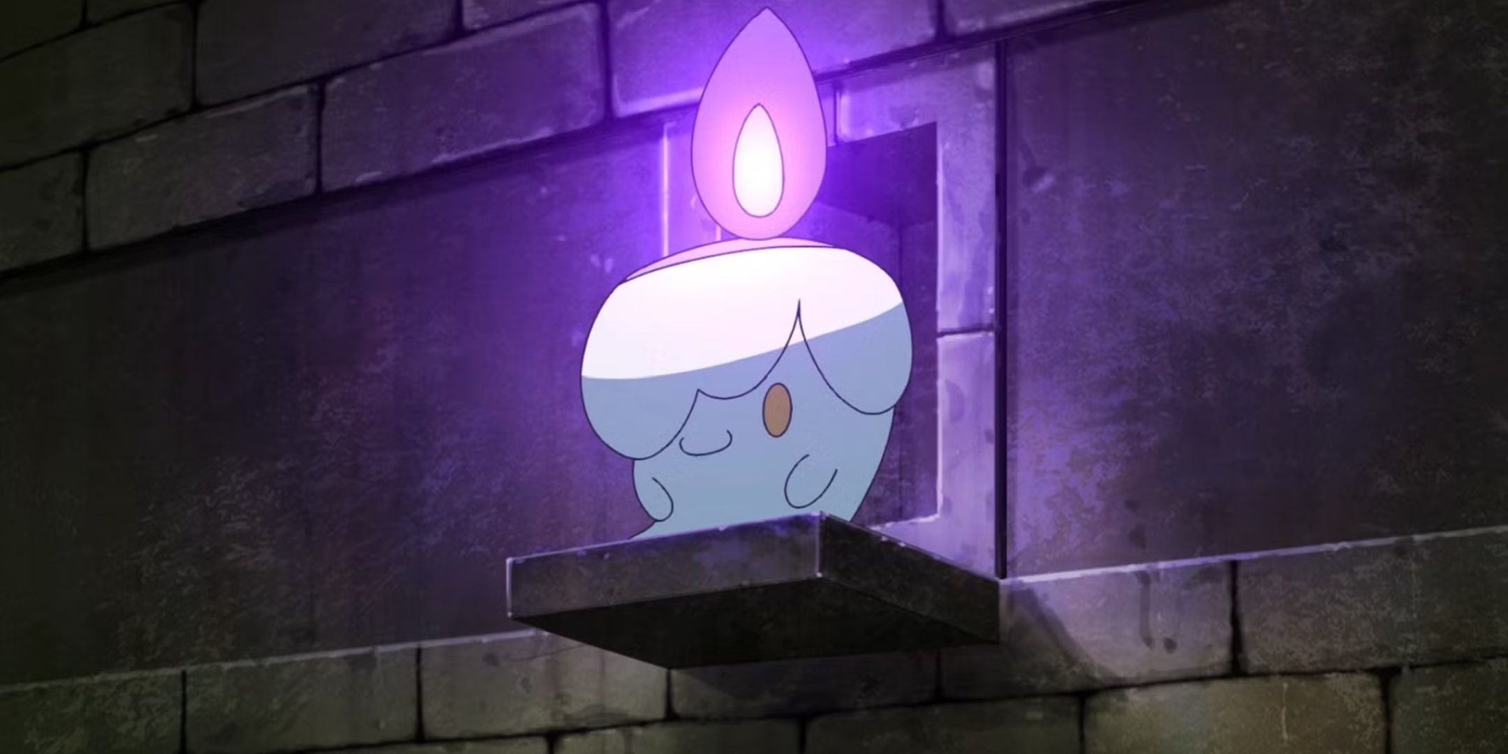 Litwick em pé em uma pequena borda como uma candelabra em Pokemon