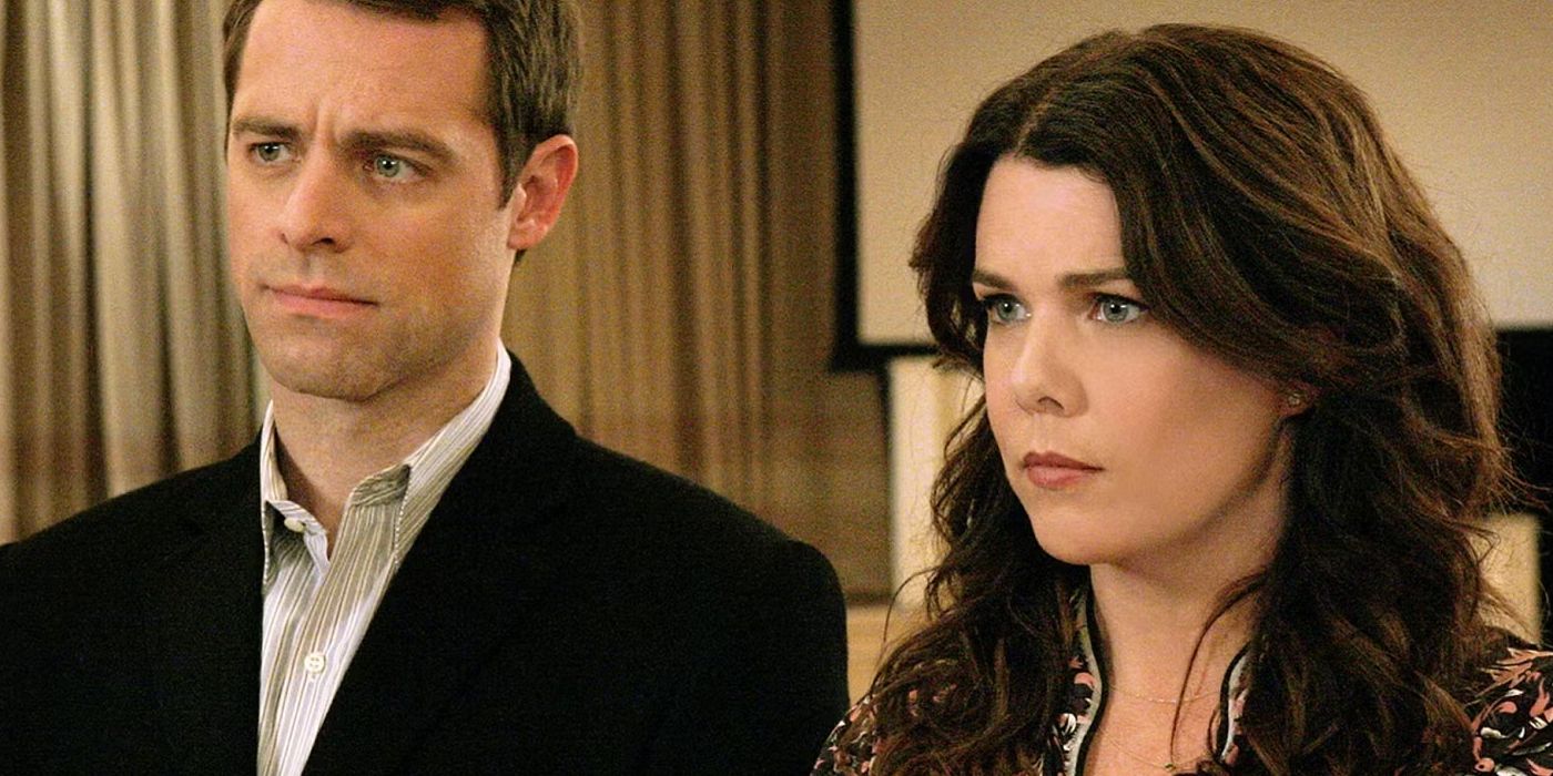 Lorelai e Christopher parecem chateados em Gilmore Girls.