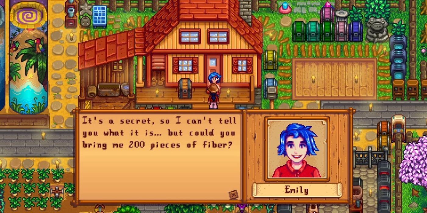 Emily envia o jogador em uma missão em Stardew Valley.