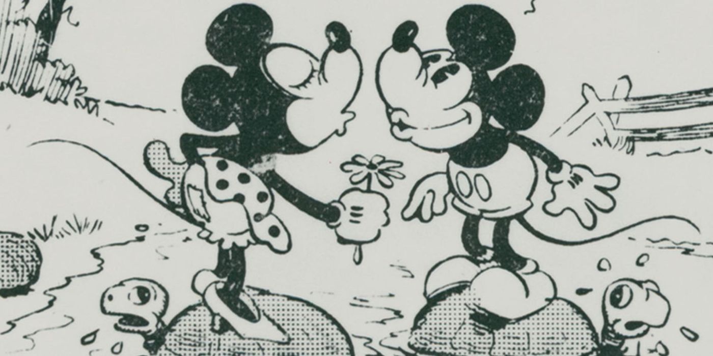 Mickey y Minnie Mouse están a punto de besarse en una tira cómica en blanco y negro.