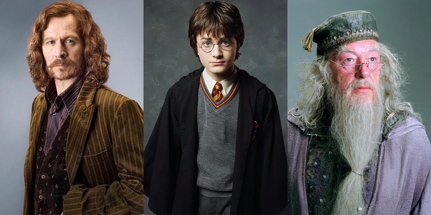 Sirius Black looks defiant, Harry Potter gives him a confident look, and Albus Dumbledore gives him a mysterious look.