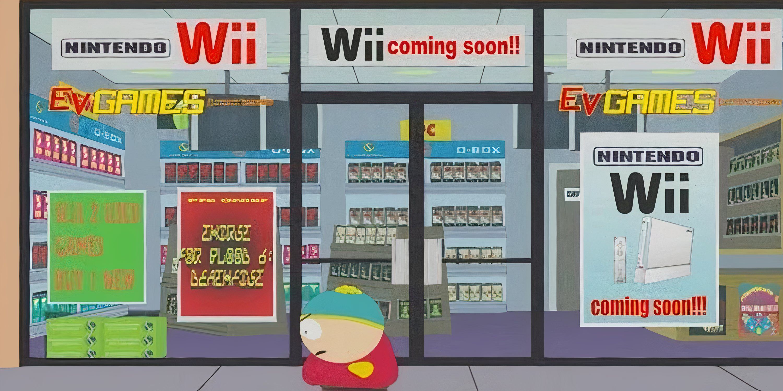 Eric Cartman caminha em frente aos anúncios do Wii na 10ª temporada, episódio 12, "Go God Go" de South Park