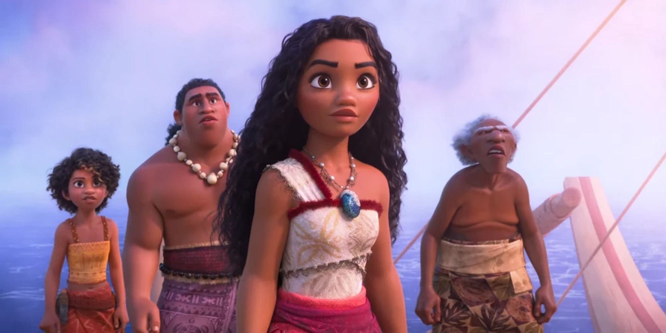 Moana ao lado de sua equipe de orientação em Moana 2