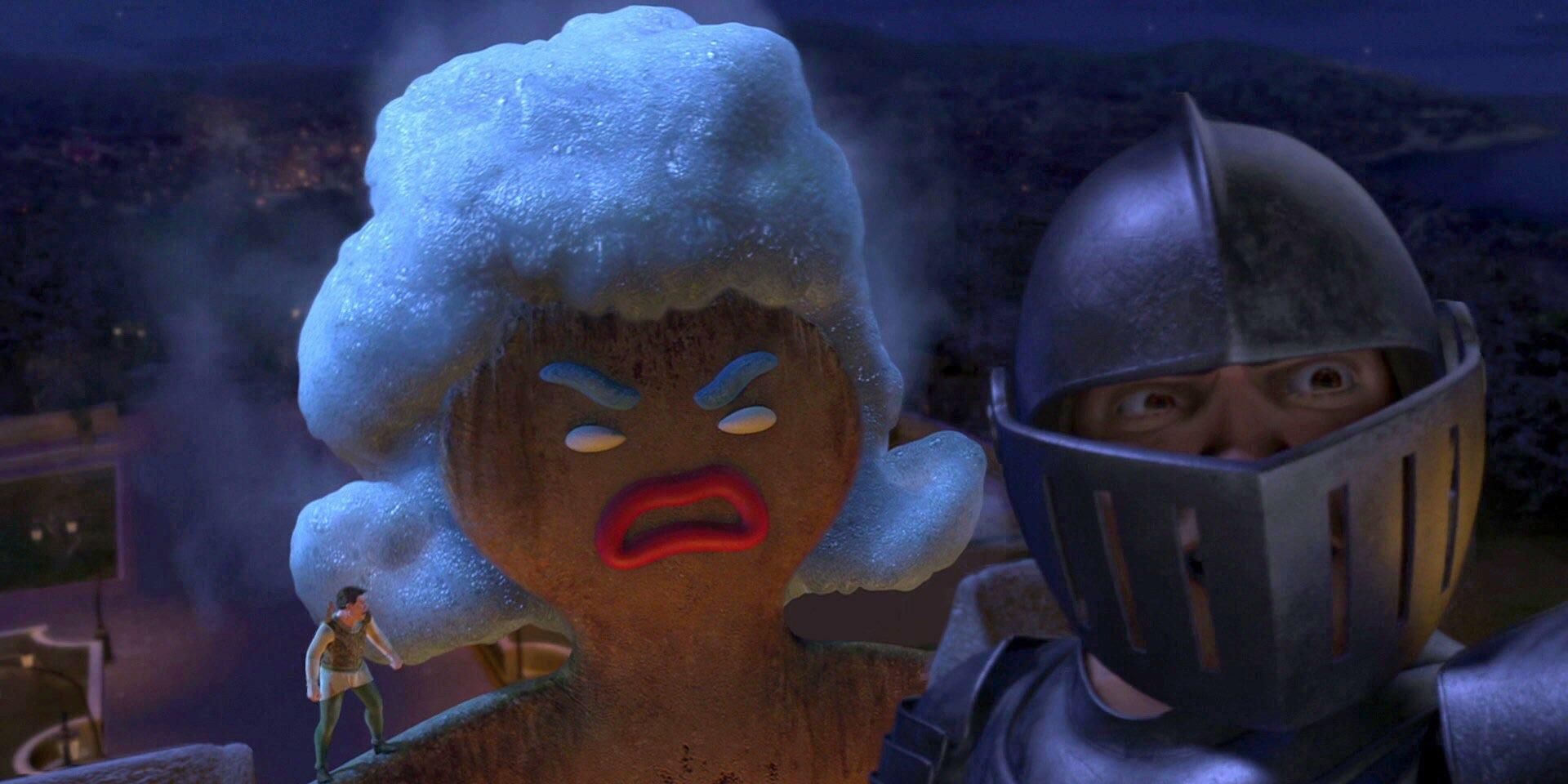 Un caballero grita "¡Más calor, menos espuma!" mientras Mongo se levanta con un peinado espumoso en Shrek 2