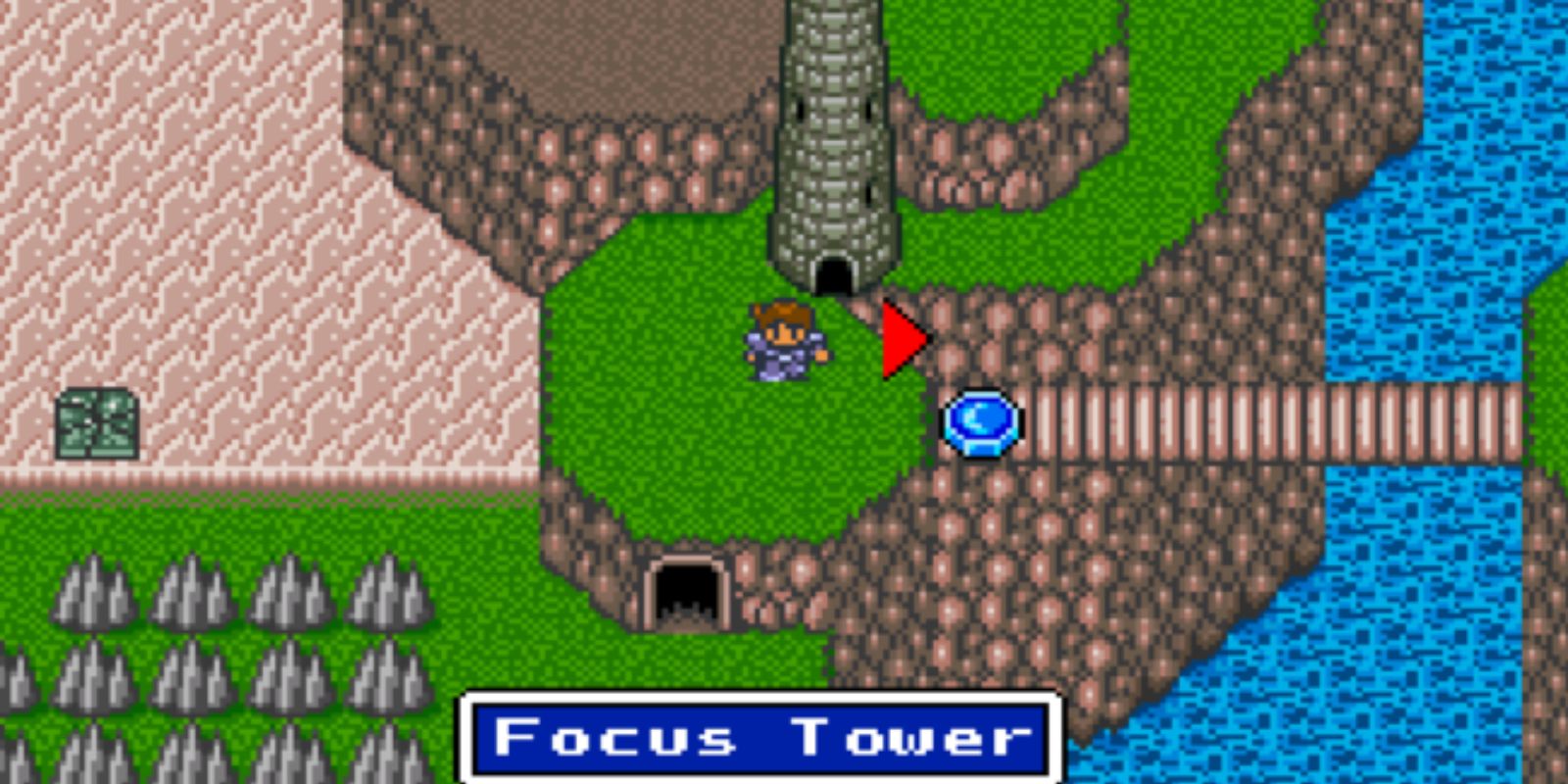 Mapa mundial da Mystic Quest com Benjamin na Focus Tower