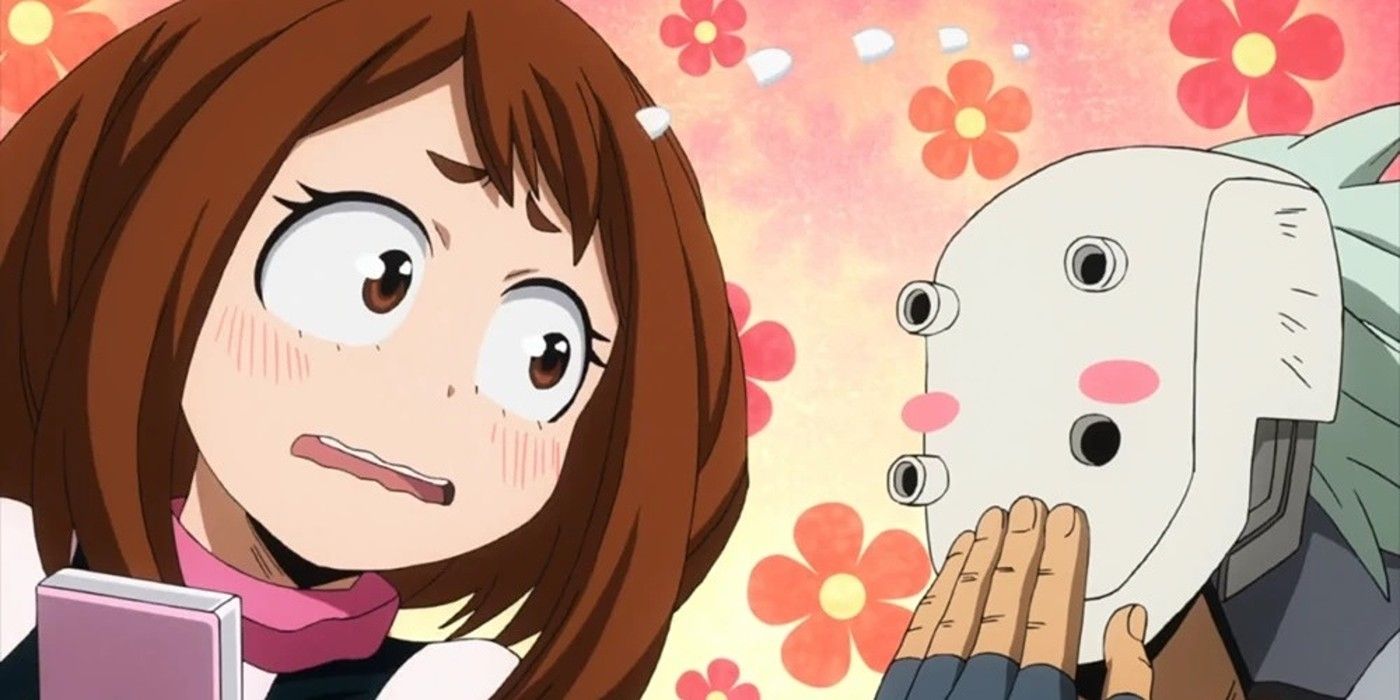 Ochaco Uraraka parece tímido enquanto o pistoleiro a provoca