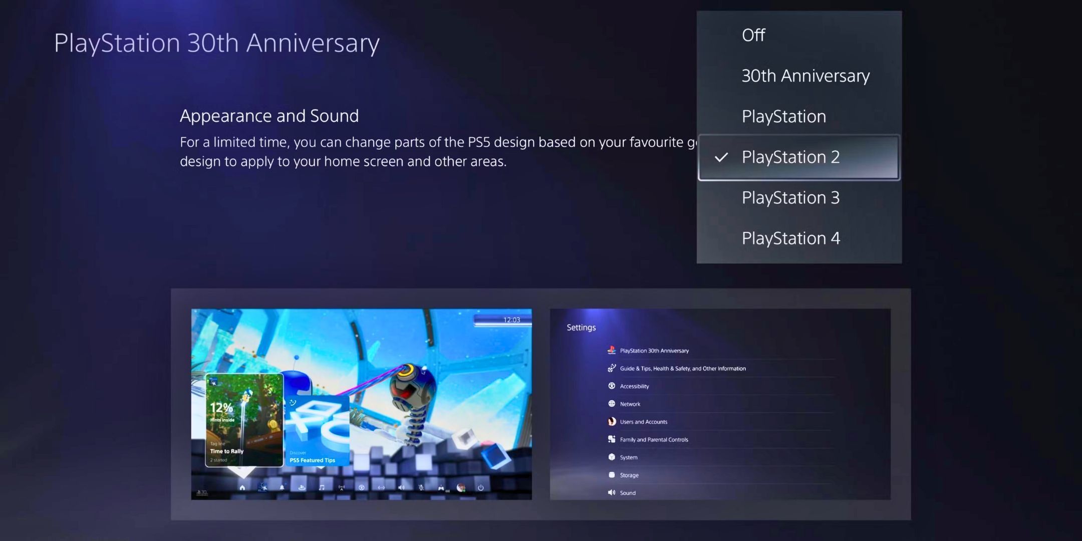 O menu tema do 30º aniversário do PlayStation atualmente visualizando o tema PlayStation 2