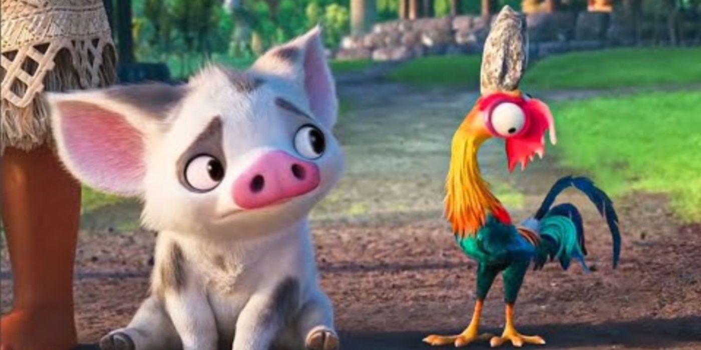 Pua vendo Heihei comer uma pedra em Moana.