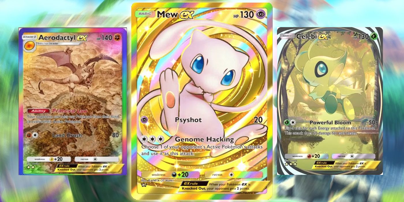 Tarjetas raras de Aerodactyl ex, Mew ex, y Celebi ex de la expansión Isla Mítica del TCG de Pokémon.