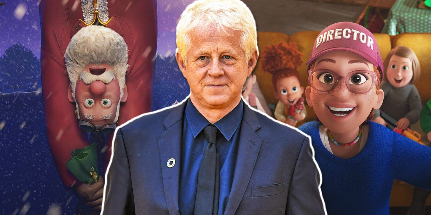 An image of writer Richard Curtis on top of art from the Netflix movie That Christmas